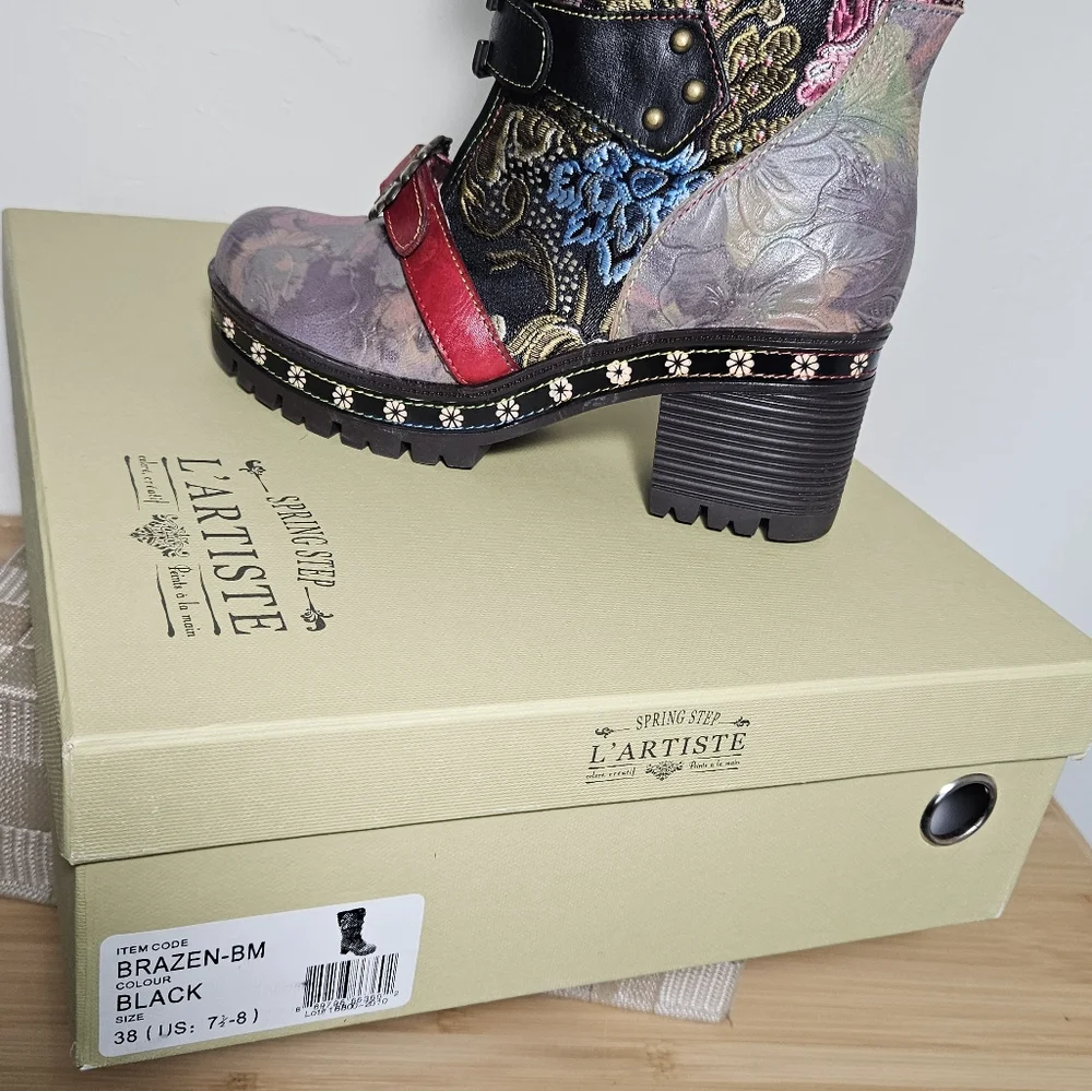 NIB!  L' ARTISTE BY SPRING STEP Floral Heeled Boots, Women's Size 7.5-8 M/ EU 38 - Picture 12 of 12